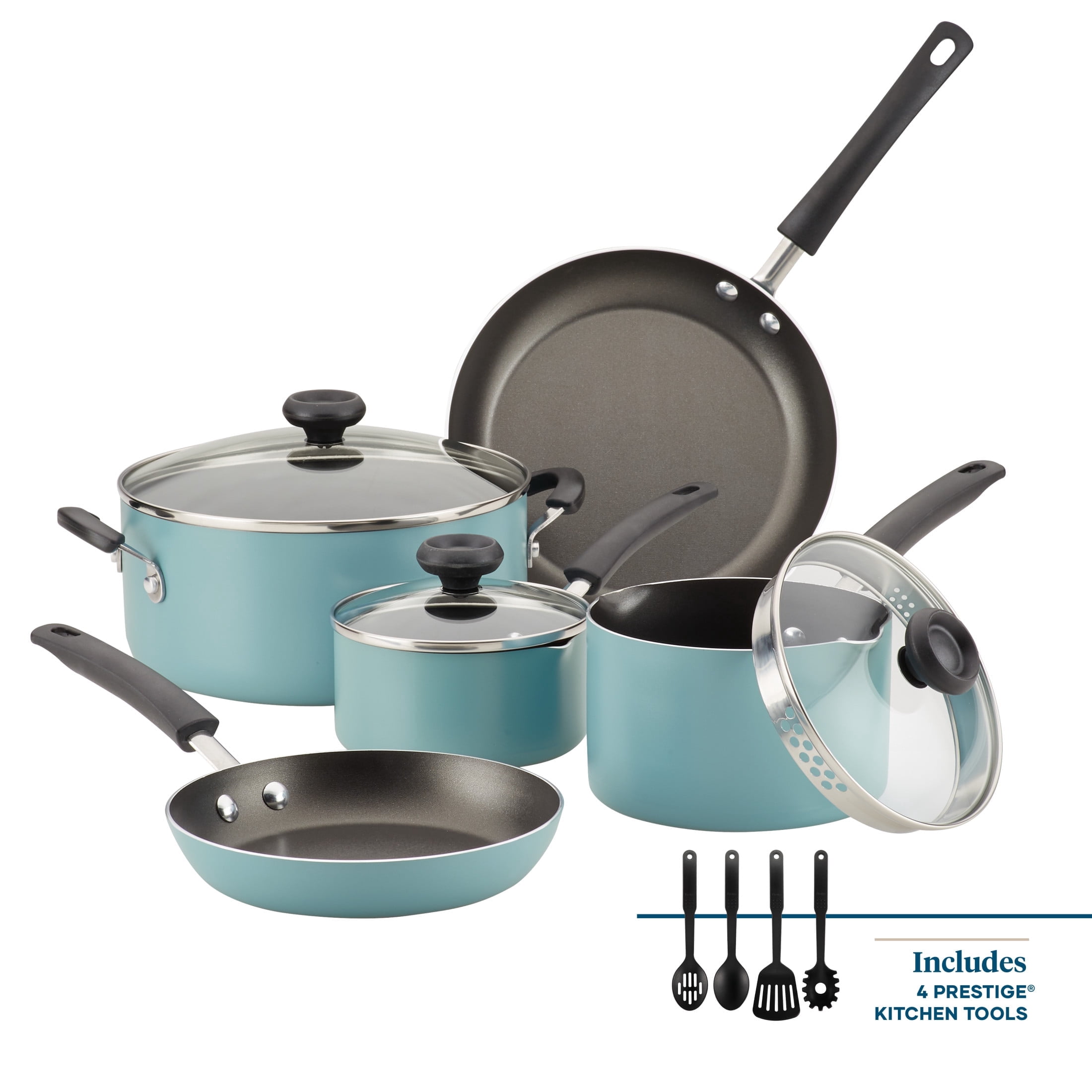 (3 pack) Farberware Easy Clean 12 Pcs Nonstick Cookware Set with Cooking Tools, Dishwasher Safe, Aqua