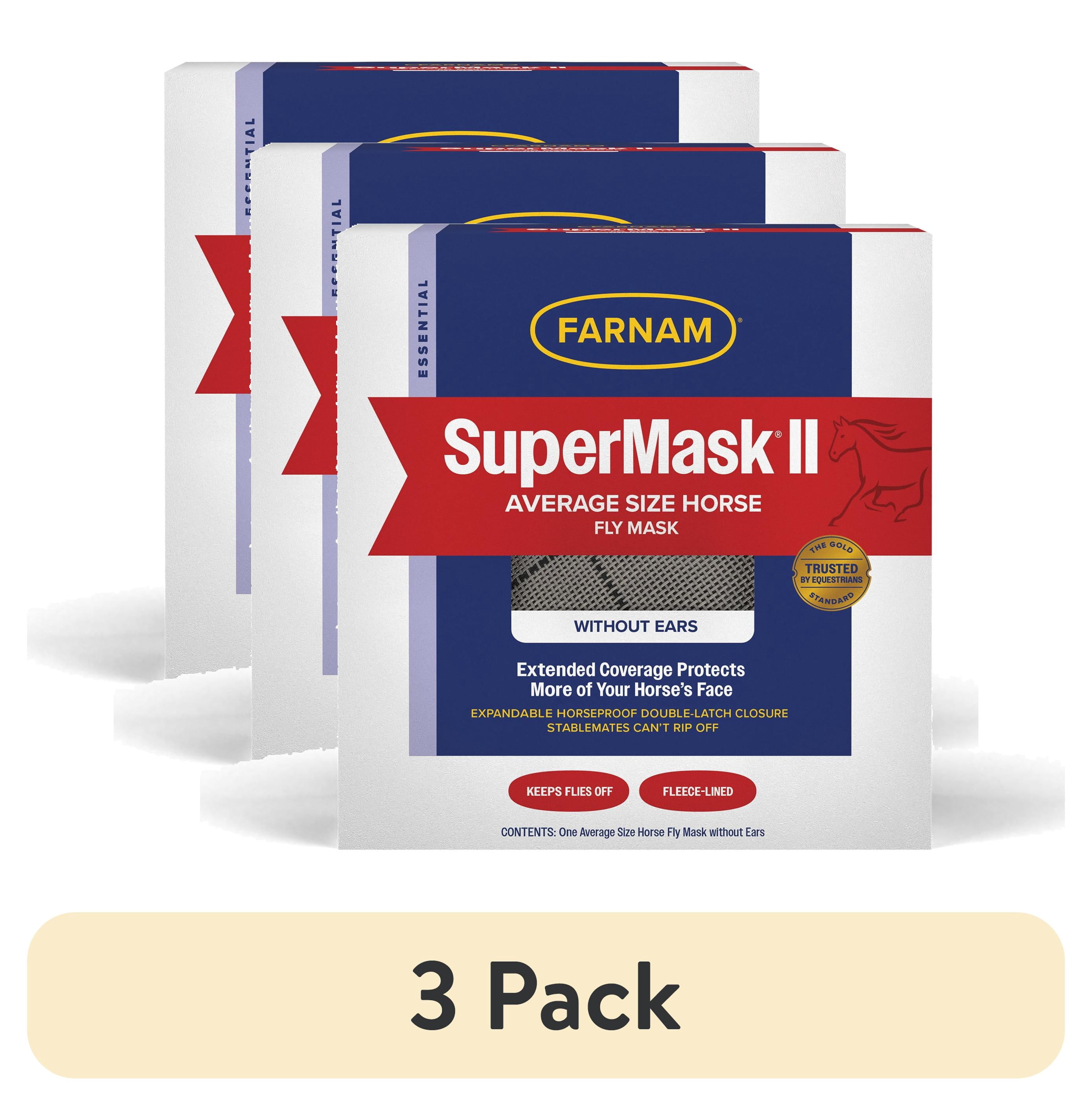 (3 pack) Farnam SuperMask II Horse Fly Mask Without Ears, Protects Eyes from Flies, Debris & UV, Average Size