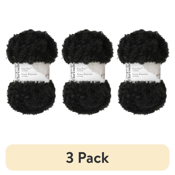 (3 pack) Faux Fur Yarn by Loops & Threads - Yarn for Knitting - Crochet - Weaving - and Arts & Crafts - Black - Polyester - 10.5 oz