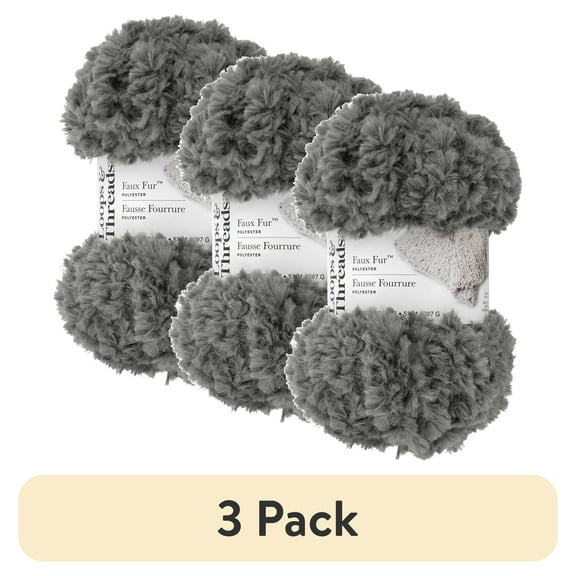 (3 pack) Faux Fur Yarn by Loops & Threads - Yarn for Knitting - Crochet - Weaving - and Arts & Crafts - Gray - Polyester - 10.5 oz
