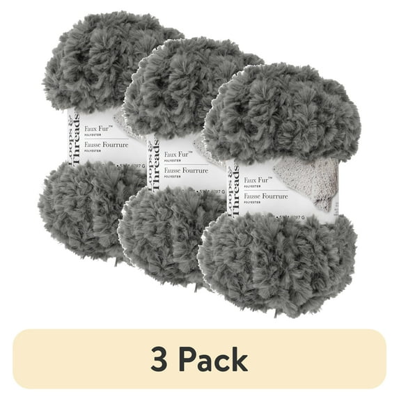 (3 pack) Faux Fur Yarn by Loops & Threads - Yarn for Knitting - Crochet - Weaving - and Arts & Crafts - Gray - Polyester - 10.5 oz