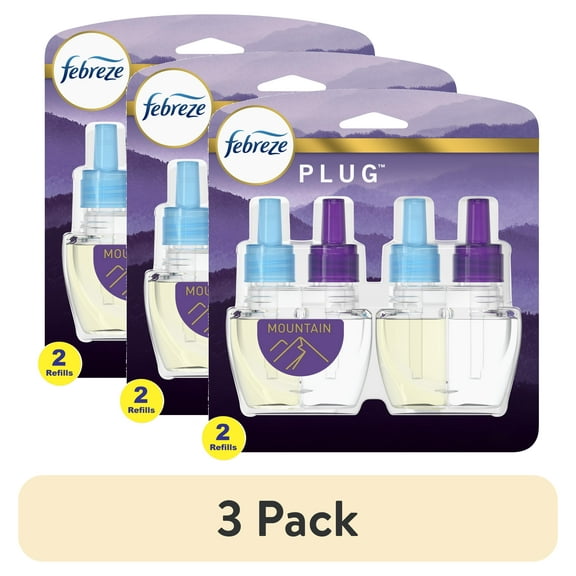 (3 pack) Febreze Plug In Air Freshener, Odor-Fighting Scented Oil Refill, Mountain, 2 Refills