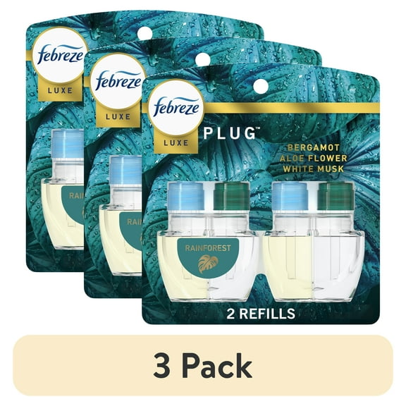 (3 pack) Febreze Plug In Air Freshener, Odor-Fighting Scented Oil Refill, Rainforest, 2 Refills