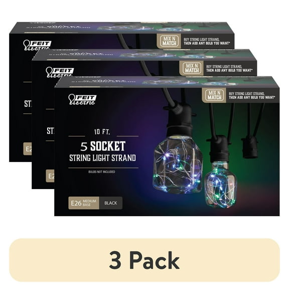 (3 pack) Feit Electric10' Foot 5-Socket Black String Light Max 40 Watt E26 Med Base - Bulbs Not Included