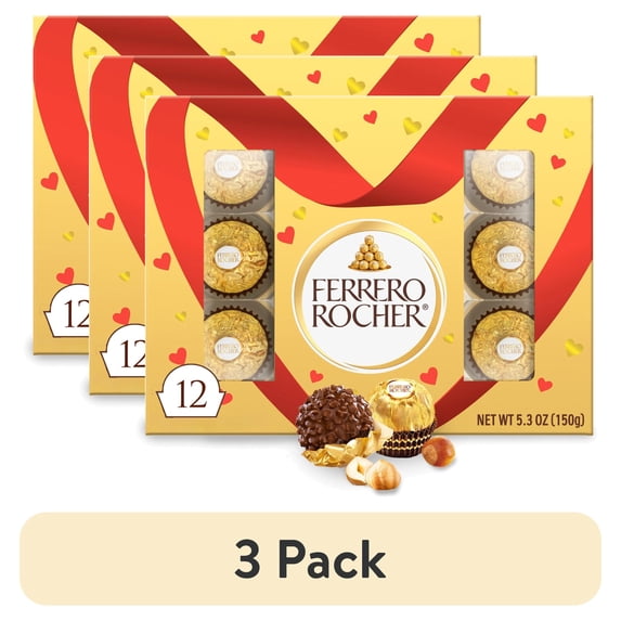(3 pack) Ferrero Rocher Gourmet Hazelnut Milk Chocolate Valentine’s Day Gift Box, 12 Individually Wrapped Chocolates for Gifting, 5.3 oz
