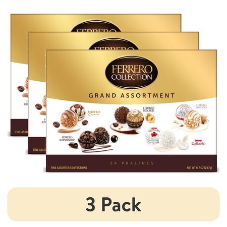 (3 pack) Ferrero Collection Grand Assortment, Hazelnut, Dark, Coconut, Almond, Cappuccino, Holiday Gift Box, 24 Count, 8.7 oz