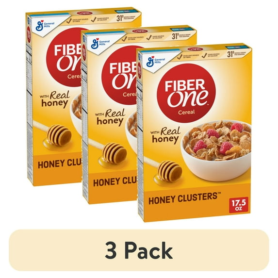 (3 pack) Fiber One Honey Clusters Breakfast Cereal, Fiber Cereal Made with Whole Grain, 17.5 oz