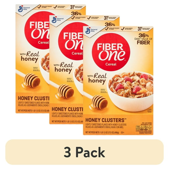 (3 pack) Fiber One Honey Clusters Breakfast Cereal, Fiber Cereal Made with Whole Grain, 17.5 oz