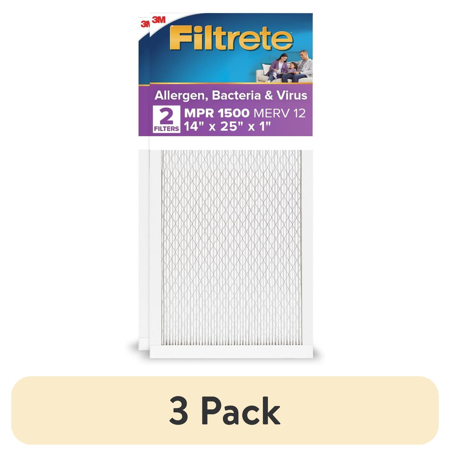 (3 pack) Filtrete 14x25x1 HVAC Furnace Air Filter, MPR 1500 MERV 12, Allergen, Bacteria and Virus, 2 Filters