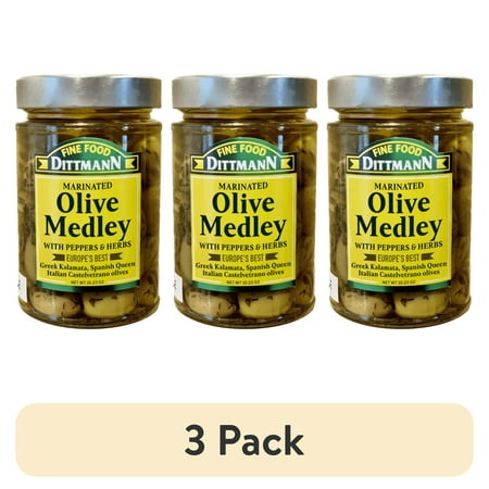 (3 pack) Fine Food Dittmann Mediterranean Olive Medley (pitted) Marinated with Garlic & Herbs