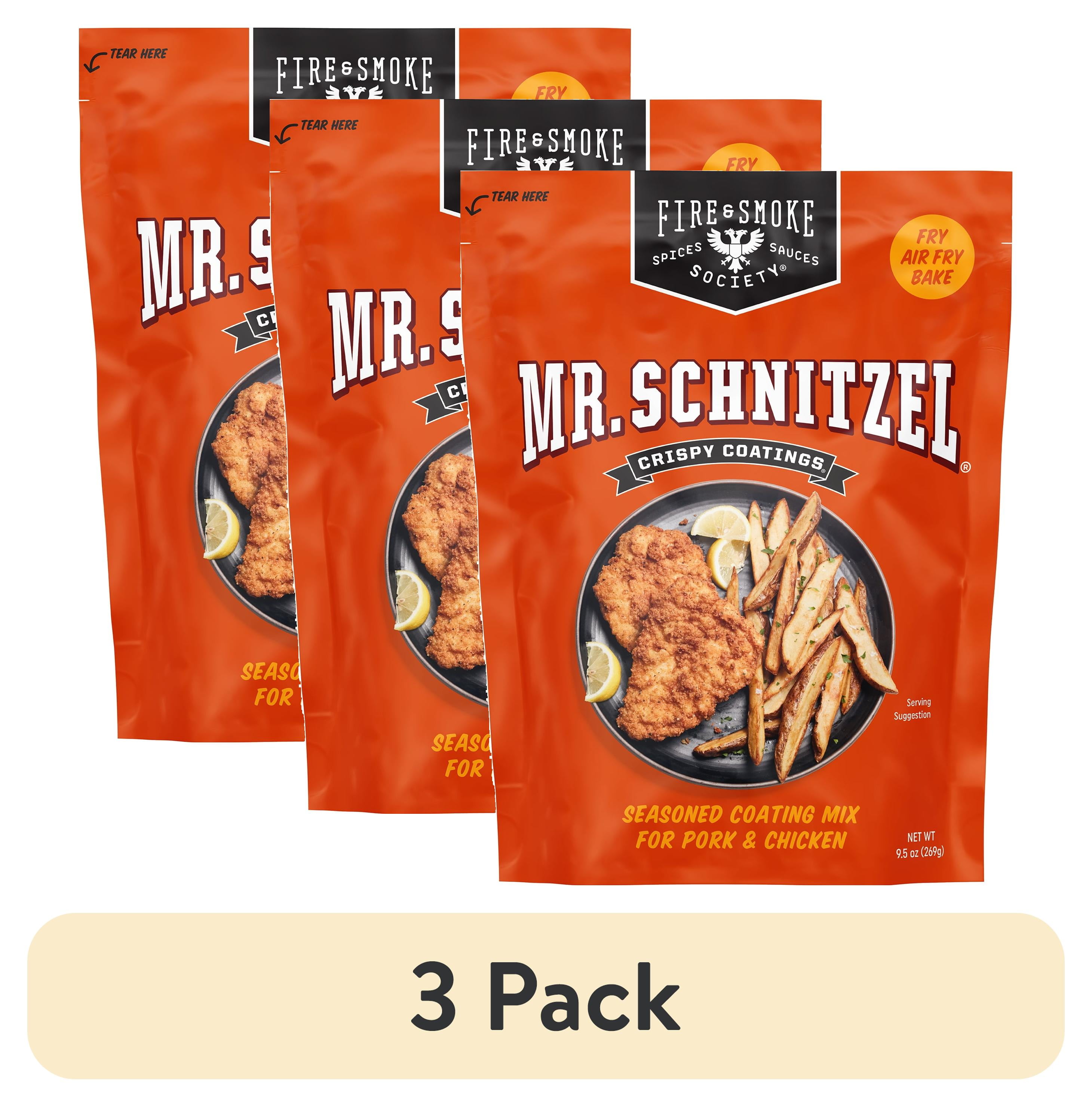 (3 pack) Fire & Smoke Society Mr. Schnitzel Crispy Coating Fry Mix, Pork, Chicken, & Turkey, 9.5 Ounce Box Makes 8 Servings