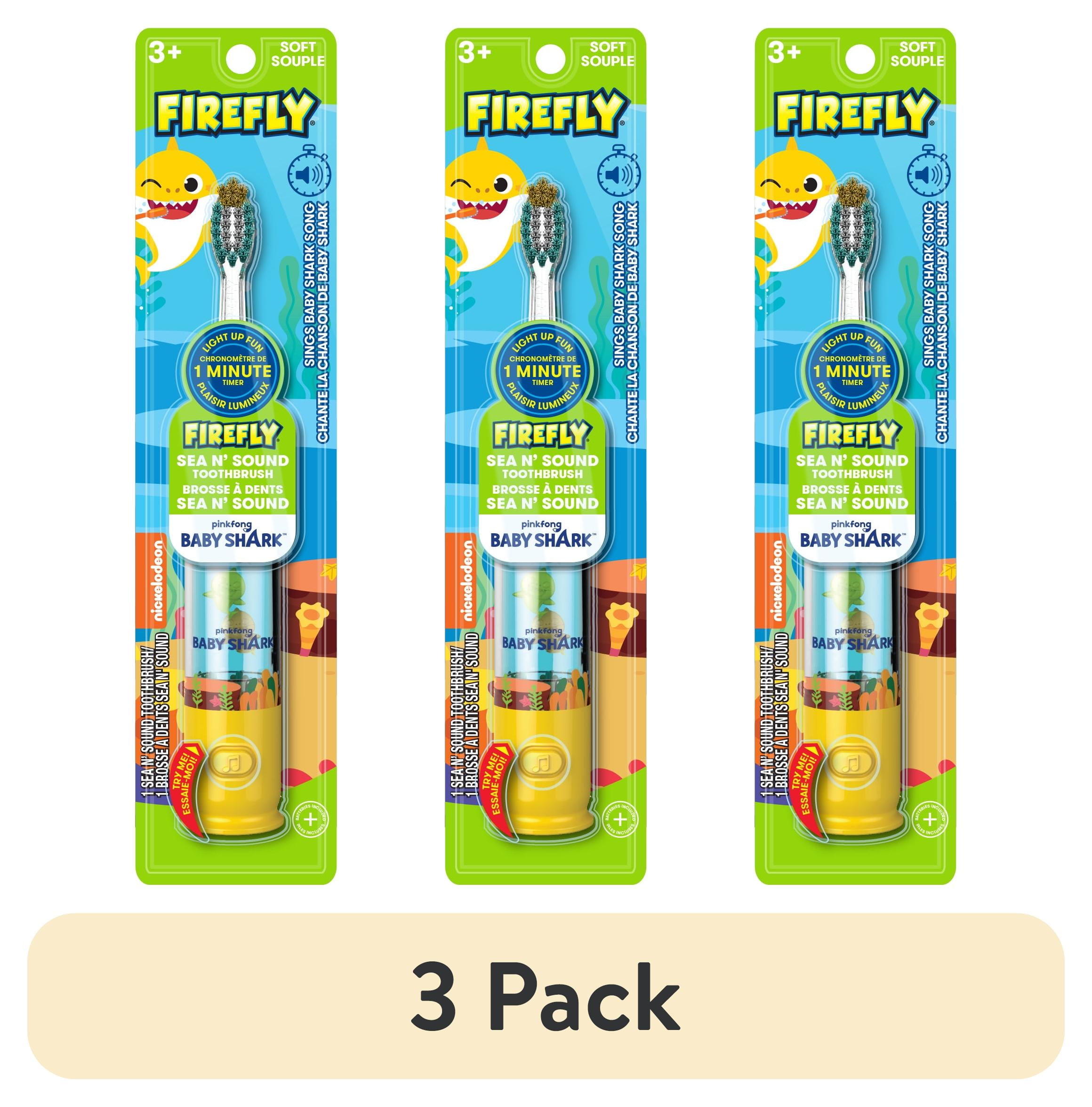 (3 pack) Firefly Sea N' Sound Kids Toothbrush, Baby Shark, Premium Soft Bristles
