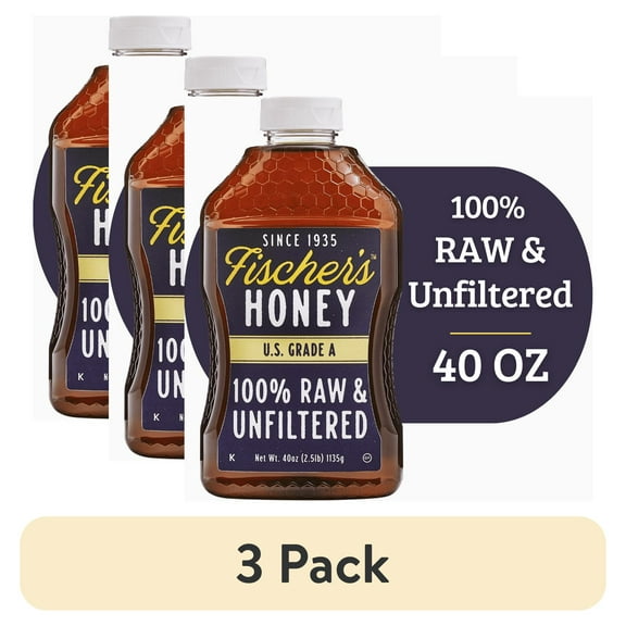 (3 pack) Fischers Honey Local Raw & Unfiltered, Pure, Raw Honey, 40 oz Squeeze Bottle