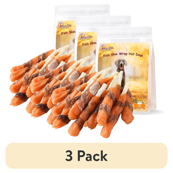 (3 pack) Pawmate Cod Skin  Hot Dogs Dog Treats, Rich in Omega-3, Supports Skin  Coat Health Treats for All Dogs, 11oz