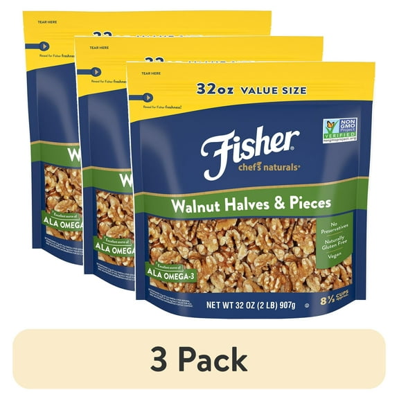 (3 pack) Fisher Chef's Naturals Gluten Free, No Preservatives, Non-GMO Walnut Halves & Pieces, 32 oz Bag