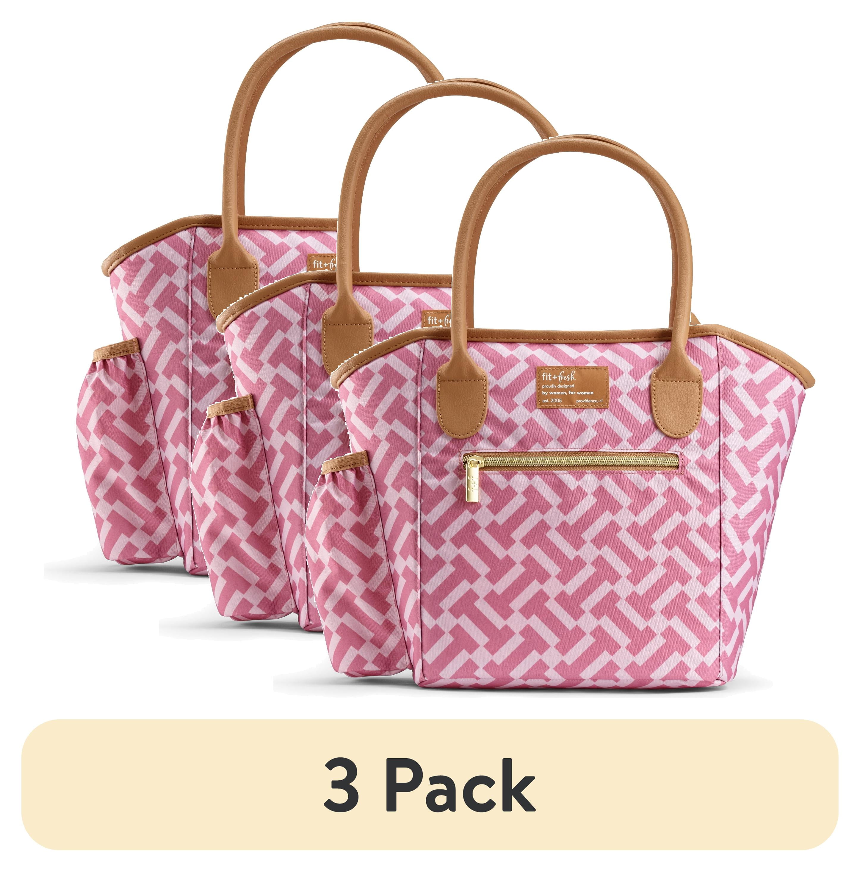 (3 pack) Fit & Fresh Beechwood Lunch Bag for Women, Women's Large Reusable Lunch Tote, Includes Containers and XL Slim Ice, Pink, a Practical and Fashionable Choice for School, Office, Travel and Activities