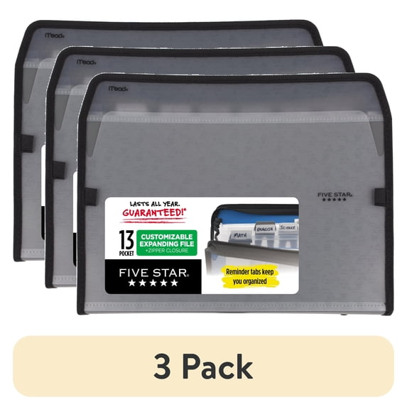 (3 pack) Five Star 13-Pocket Expanding File with Reminder Tabs, 8 1/2" x 11", Gray