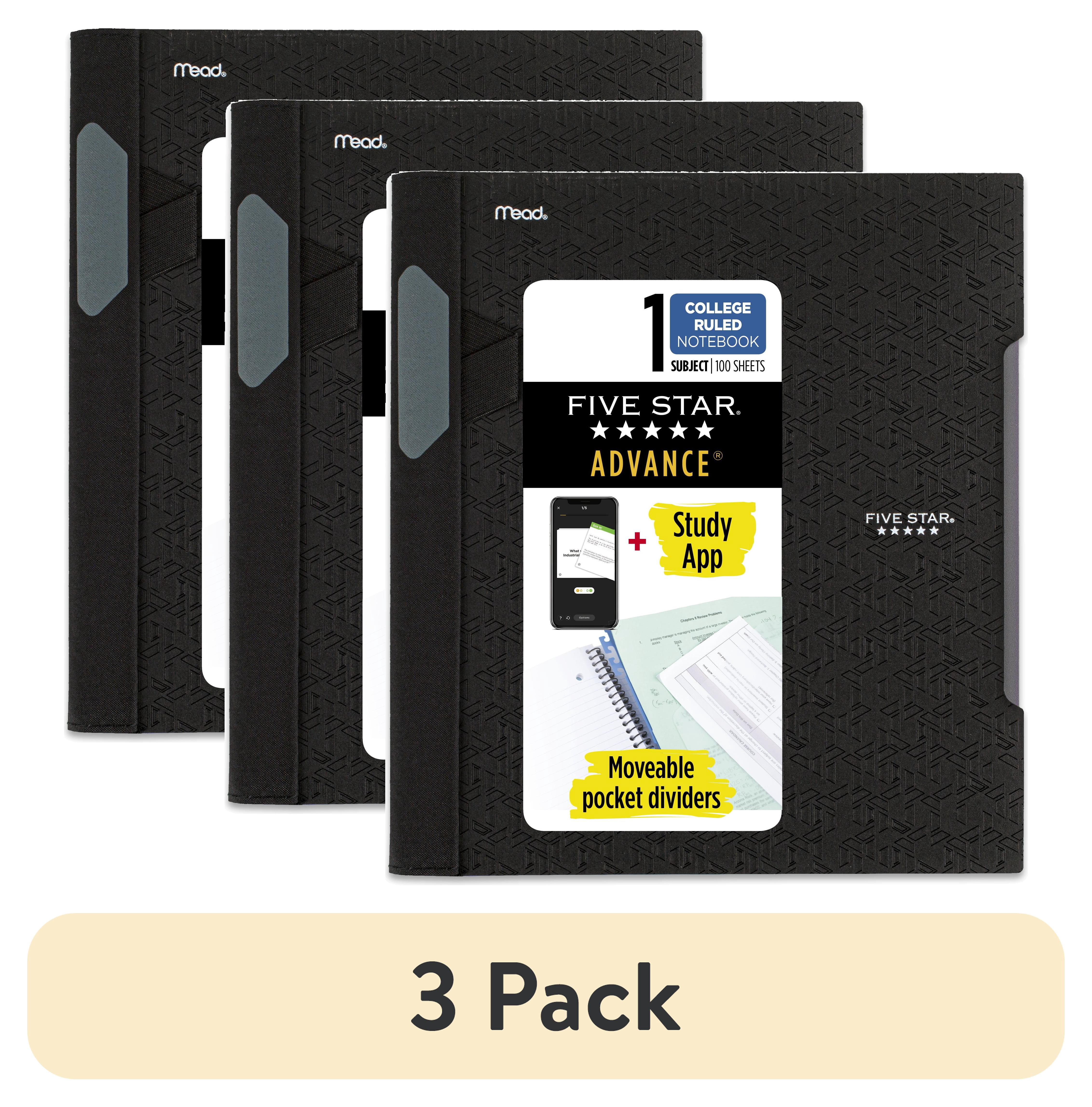 (3 pack) Five Star Advance 1 Subject College Ruled Notebook Plus Study App, 8.5" x 11", Black, Poly, Spiral, 100 Sheets