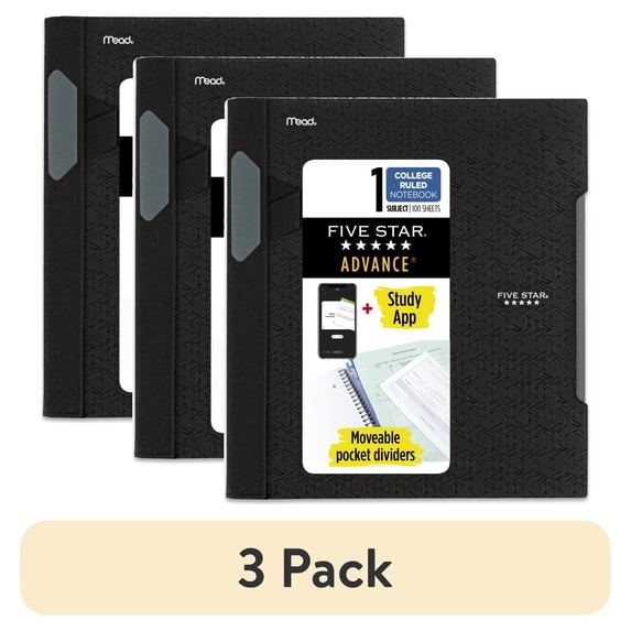 (3 pack) Five Star Advance 1 Subject College Ruled Notebook Plus Study App, 8.5" x 11", Black, Poly, Spiral, 100 Sheets