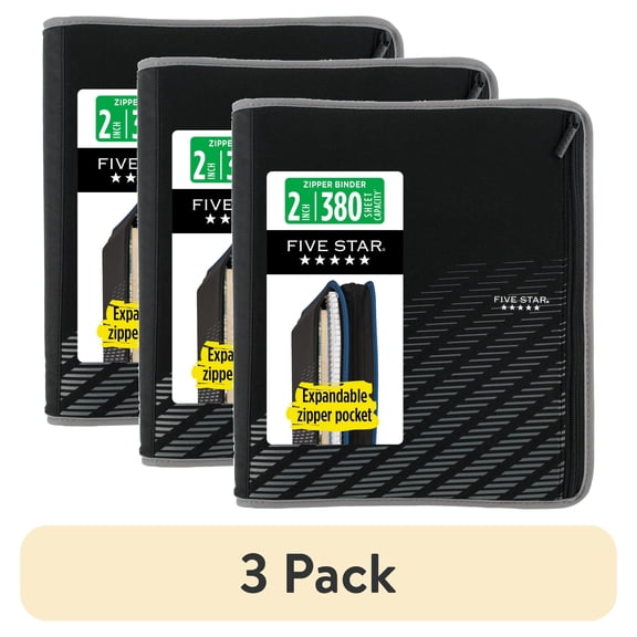 (3 pack) Five Star Xpanz Zipper Binder, 2" Round Rings, 380 Sheets, Gray (28090HX9)