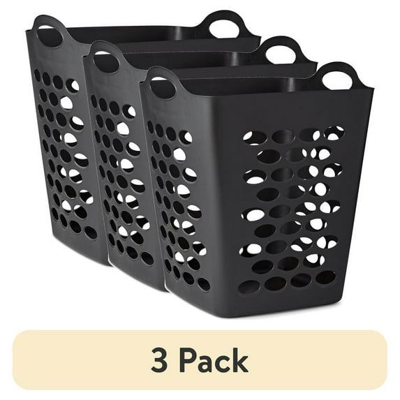 3-Pack Flex Square Laundry Hampers - Foldable Collapsible Clothes Baskets with Handles - Space-Saving Storage for Bedroom, Closet or Dorm - Breathable Mesh Fabric - Black