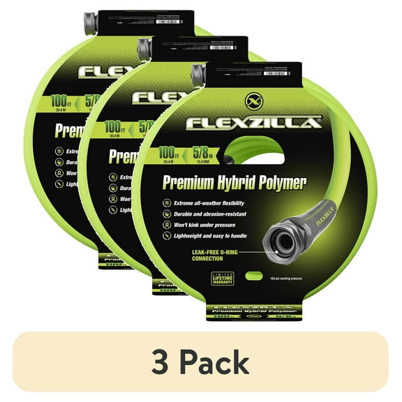 (3 pack) Flexzilla® Premium Grade Garden Hose, 5/8 in. x 100ft., Hybrid Polymer, ZillaGreen™