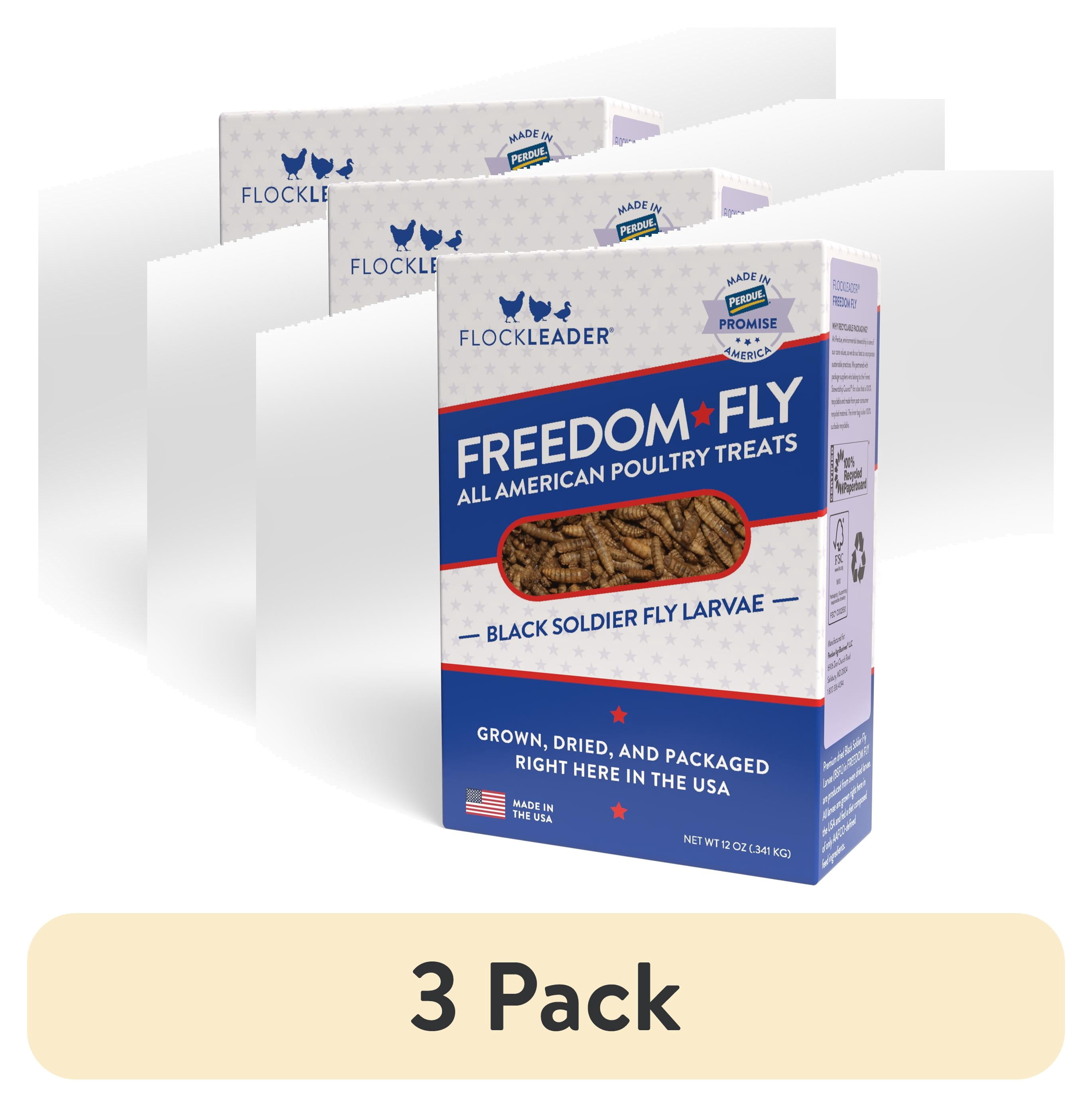 (3 pack) FlockLeader Freedom Fly, All American Dried Black Soldier Fly Larvae Poultry Treats, 12 Ounces