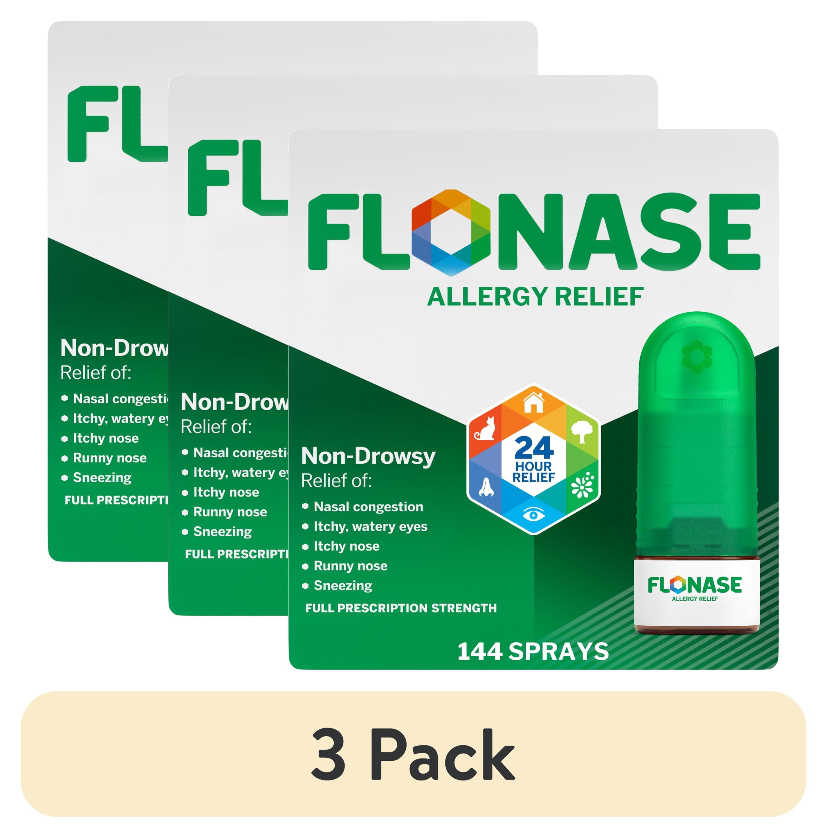 (3 pack) Flonase Allergy Relief Fluticasone Nasal Spray, 24-Hour Non-Drowsy Allergy Medicine, Metered Nasal Spray - 144 Sprays For Fall And Seasonal Allergy Relief