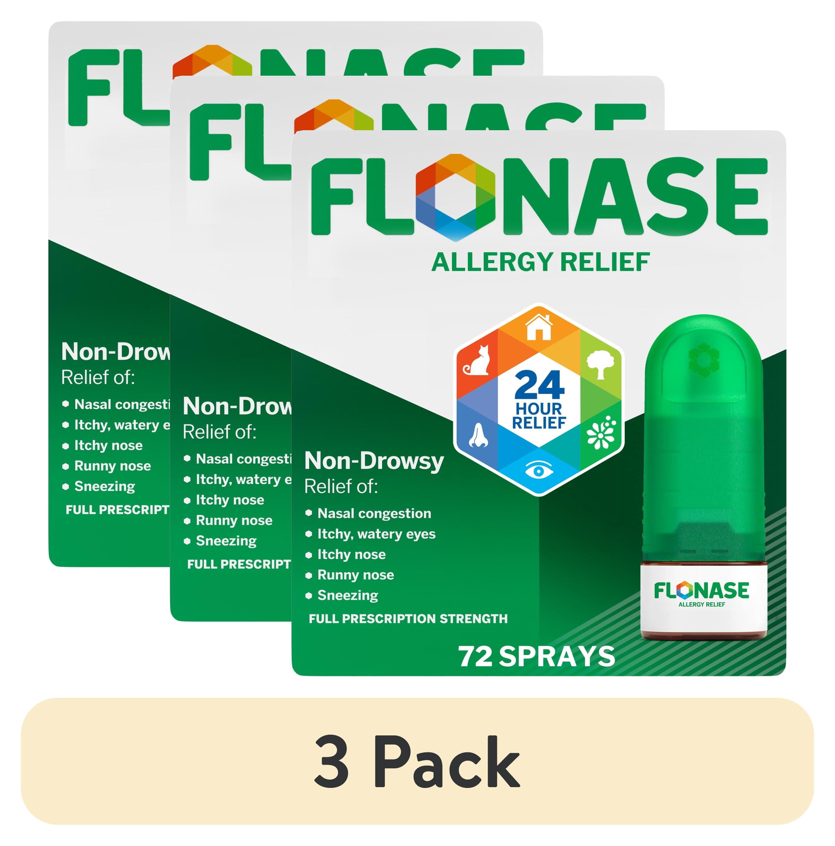 (3 pack) Flonase Allergy Relief Fluticasone Nasal Spray, 24 Hour Non-Drowsy Allergy Medicine, Metered Nasal Spray - 72 Sprays - Fall And Seasonal Allergy Relief