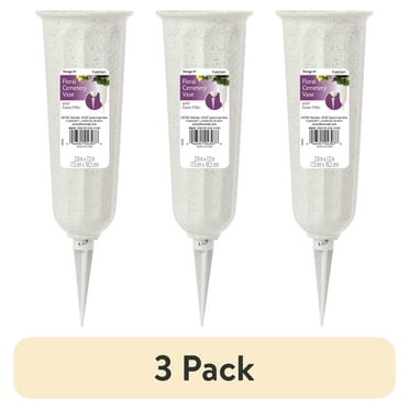 (3 pack) FloraCraft Plastic Cemetery Vase with Foam and Removable Spike 2.9 inch x 7.2 inch Stone Speckle
