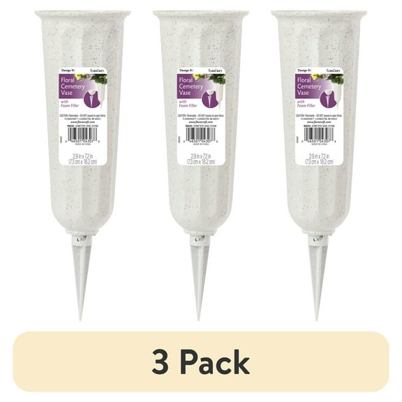 (3 pack) FloraCraft Plastic Cemetery Vase with Foam and Removable Spike 2.9 inch x 7.2 inch Stone Speckle