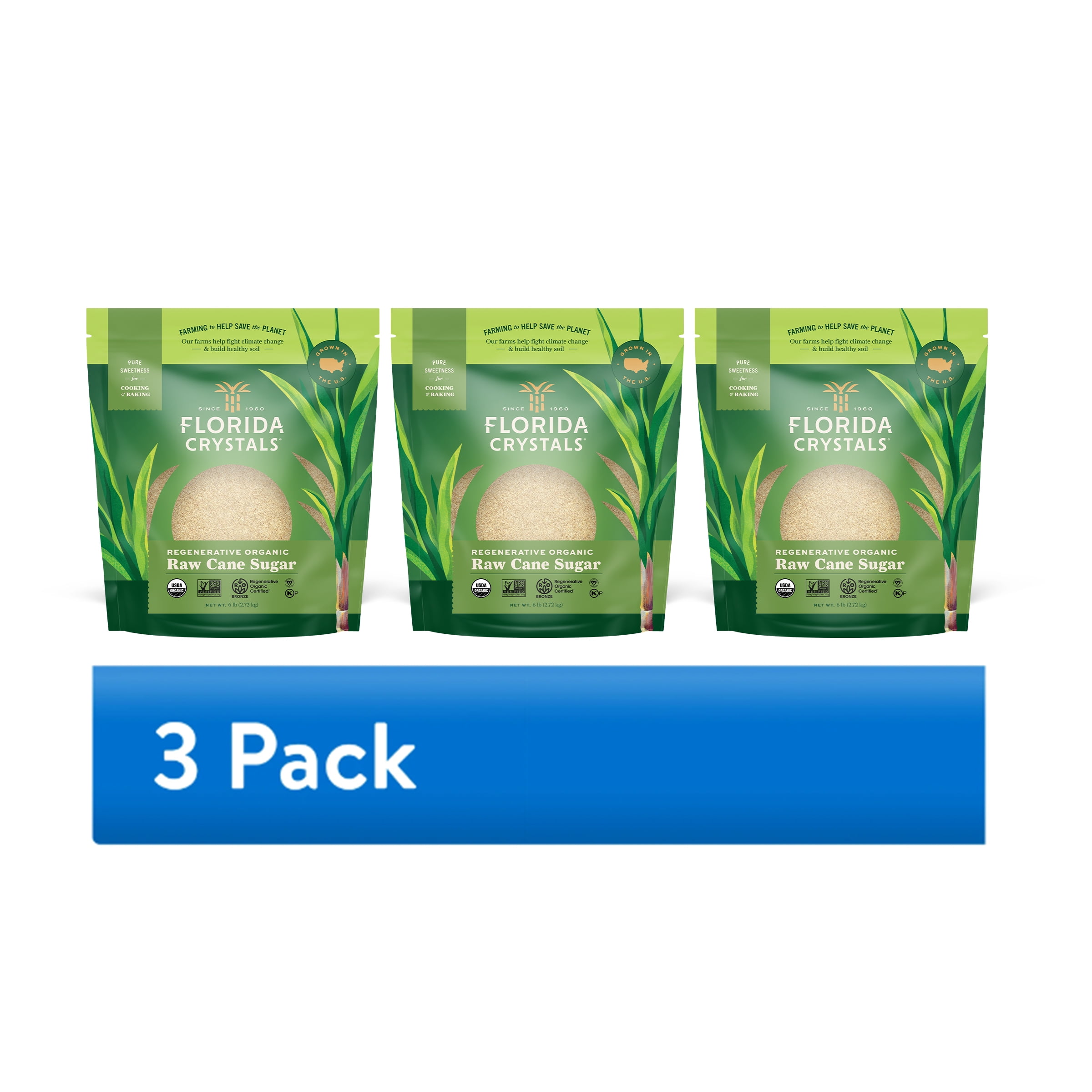 (3 pack) Florida Crystals Regenerative Organic Raw Cane Sugar 6 lb. Pouch
