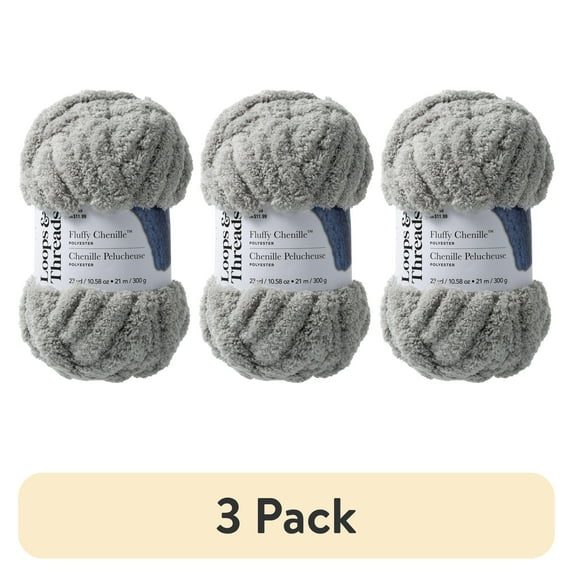 (3 pack) Fluffy Chenille Yarn by Loops & Threads - Yarn for Knitting - Crochet - Weaving - and Arts & Crafts - Gray - Polyester - 10.58 oz