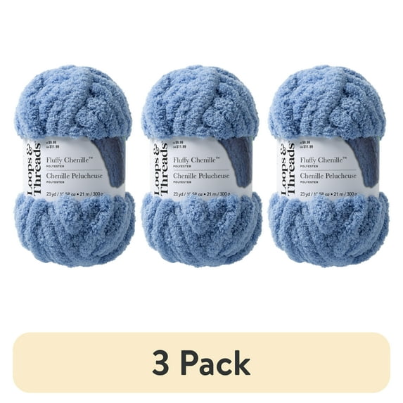 (3 pack) Fluffy Chenille Yarn by Loops & Threads - Yarn for Knitting - Crochet - Weaving - and Arts & Crafts - Periwinkle - Polyester - 10.58 oz