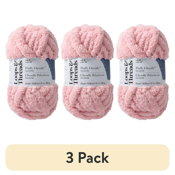 (3 pack) Fluffy Chenille Yarn by Loops & Threads - Yarn for Knitting - Crochet - Weaving - and Arts & Crafts - Pink - Polyester - 10.58 oz