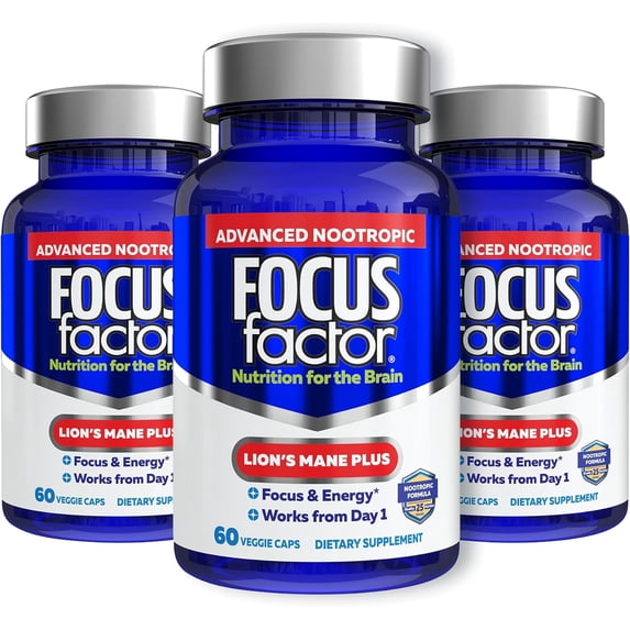 (3 pack) Focus Factor Lions Mane Plus (60 Count) - Advanced Nootropic with L-Theanine, Caffeine, Focus and Energy, Supports Concentration and Mental Clarity