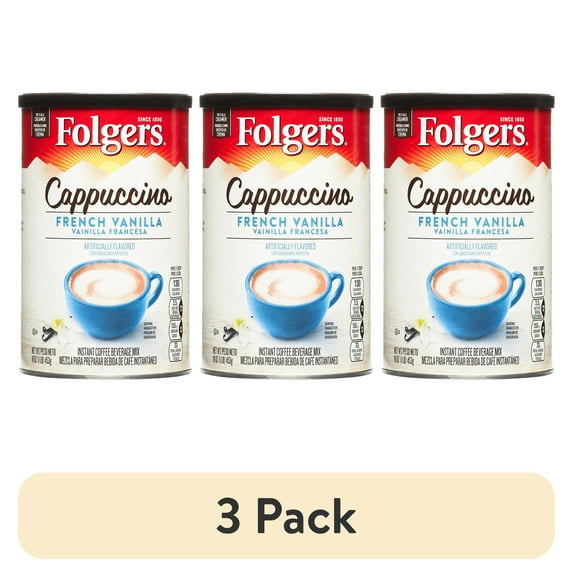 (3 pack) Folgers French Vanilla Flavored Cappuccino Mix, Instant Coffee Beverage, 16 oz Canister