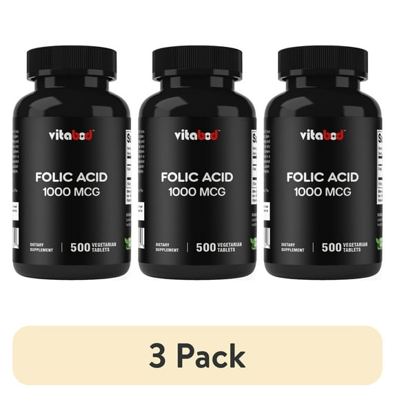 (3 pack) Folic Acid 1 mg (1000 mcg) (Vitamin B9) - 500 Vegetarian Tablets - an Essential Prenatal and Postnatal Vitamin