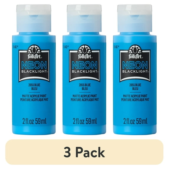 (3 pack) FolkArt Neon Blacklight Acrylic Craft Paint, Matte Finish, Blue, 2 fl oz