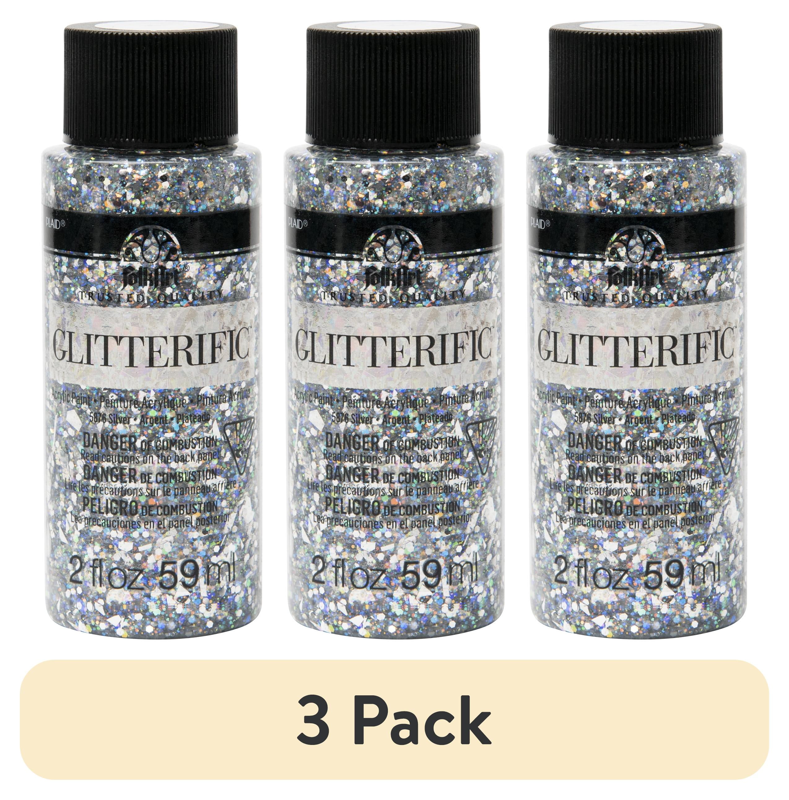 (3 pack) FolkArt Glitterific Acrylic Craft Paint, Glitter Finish, Silver, 2 fl oz