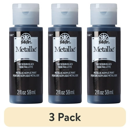 (3 pack) FolkArt Metallic Acrylic Craft Paint, Metallic Finish, Sequin Black, 2 fl oz