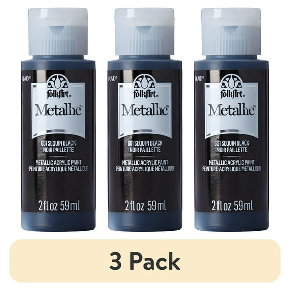 (3 pack) FolkArt Metallic Acrylic Craft Paint, Metallic Finish, Sequin Black, 2 fl oz