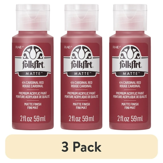 (3 pack) FolkArt 414E Acrylic Craft Paint, Matte Finish, Cardinal Red, 2 fl oz