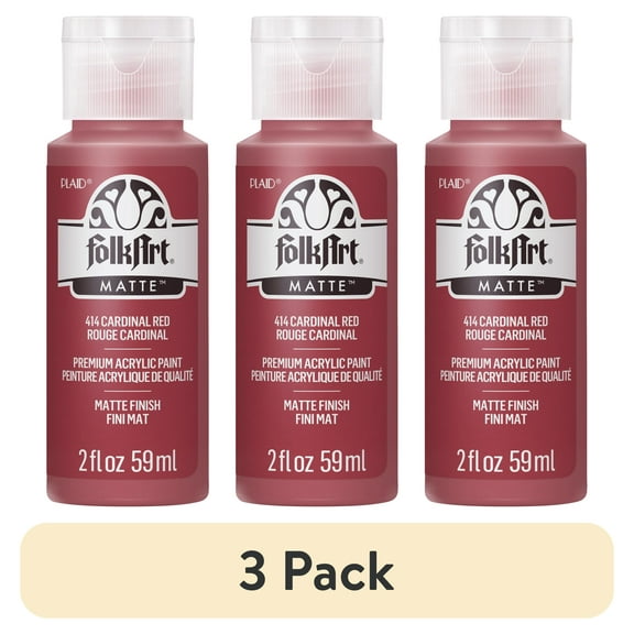 (3 pack) FolkArt Acrylic Craft Paint, Matte Finish, Cardinal Red, 2 fl oz
