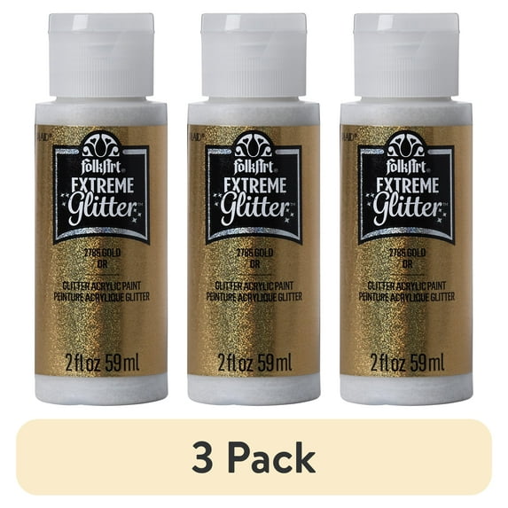 (3 pack) FolkArt Extreme Glitter Acrylic Craft Paint, Glitter Finish, Gold, 2 fl oz