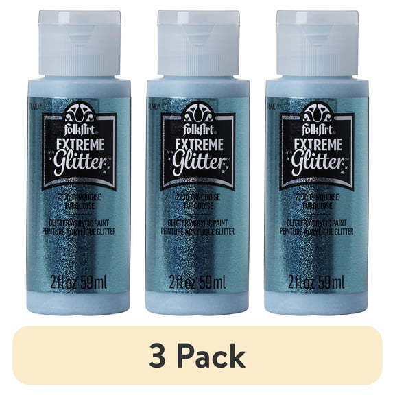 (3 pack) FolkArt Extreme Glitter Acrylic Craft Paint, Glitter Finish, Turquoise, 2 fl oz