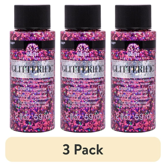 (3 pack) FolkArt 5879E Glitterific Acrylic Craft Paint, Glitter Finish, Hot Pink, 2 fl oz