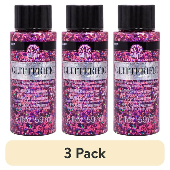 (3 pack) FolkArt 5879E Glitterific Acrylic Craft Paint, Glitter Finish, Hot Pink, 2 fl oz