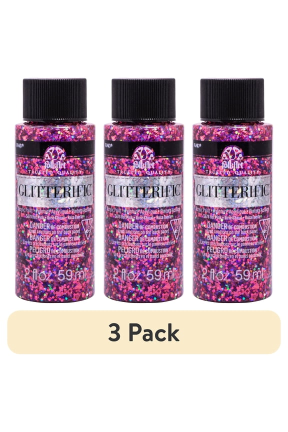 (3 pack) FolkArt Glitterific Acrylic Craft Paint, Glitter Finish, Hot Pink, 2 fl oz