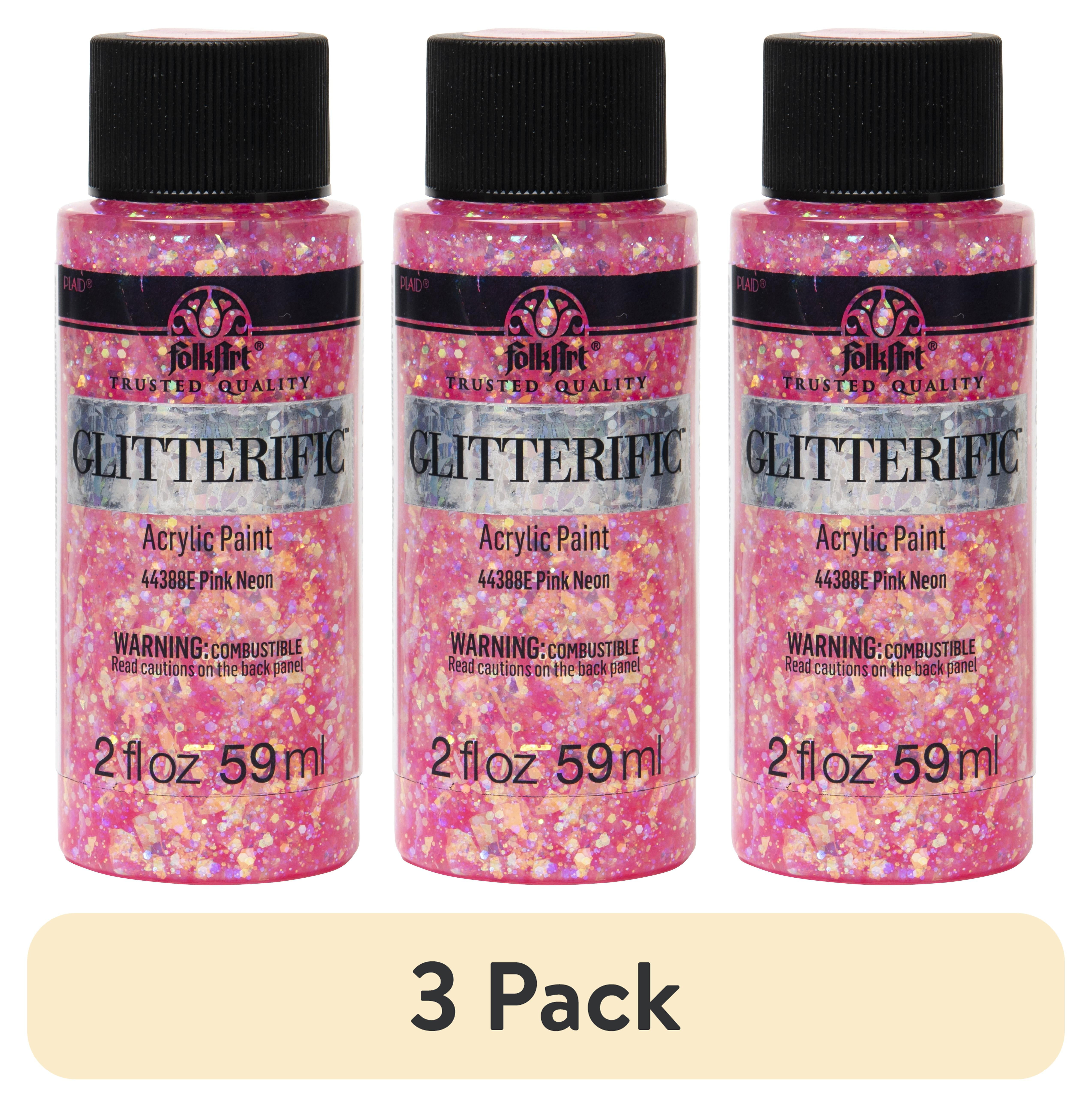 (3 pack) FolkArt Glitterific Acrylic Craft Paint, Glitter Finish, Pink Neon, 2 fl oz